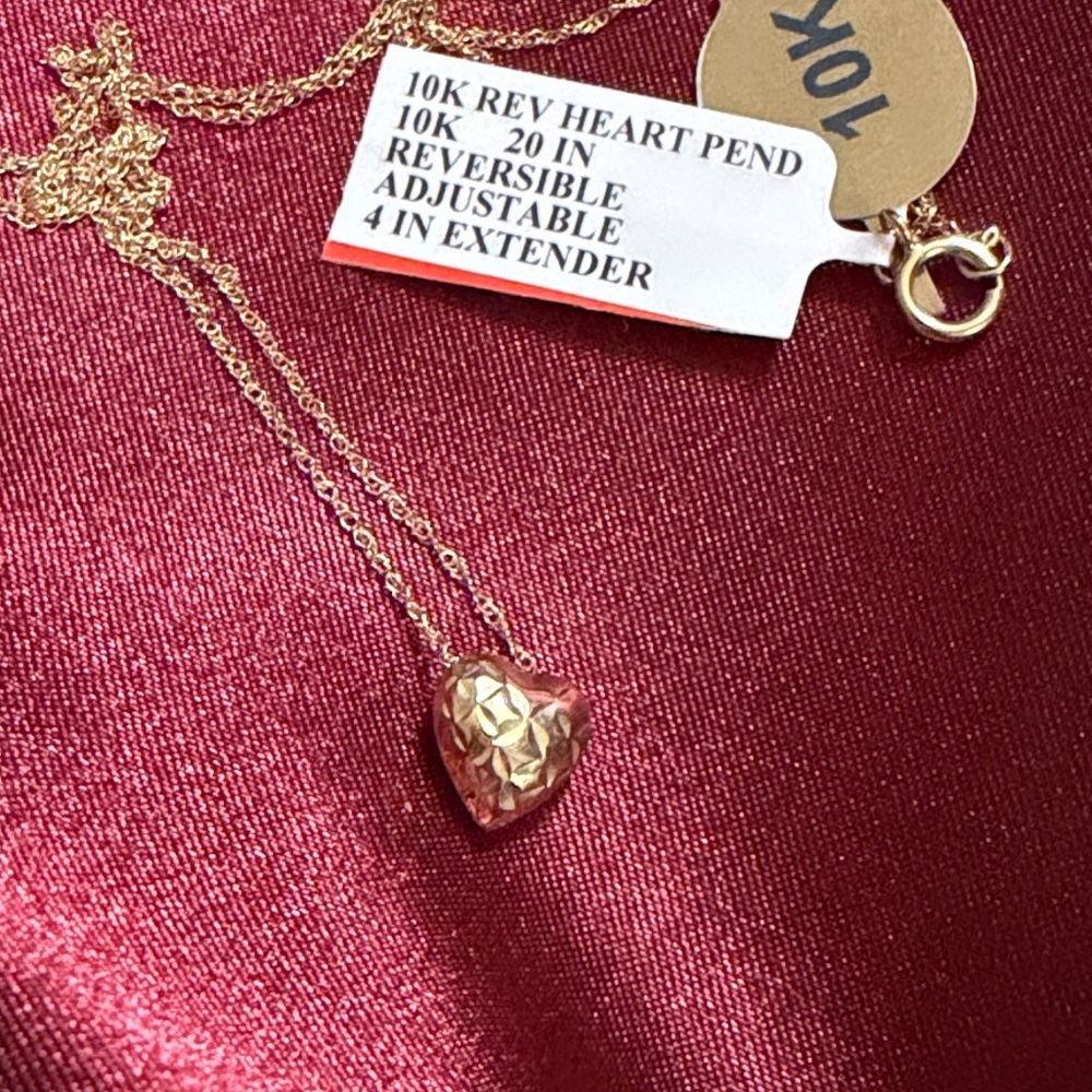 10K Gold Reversible Puff Heart Pendant Necklace 20” Adjustable 4” Extender NWT